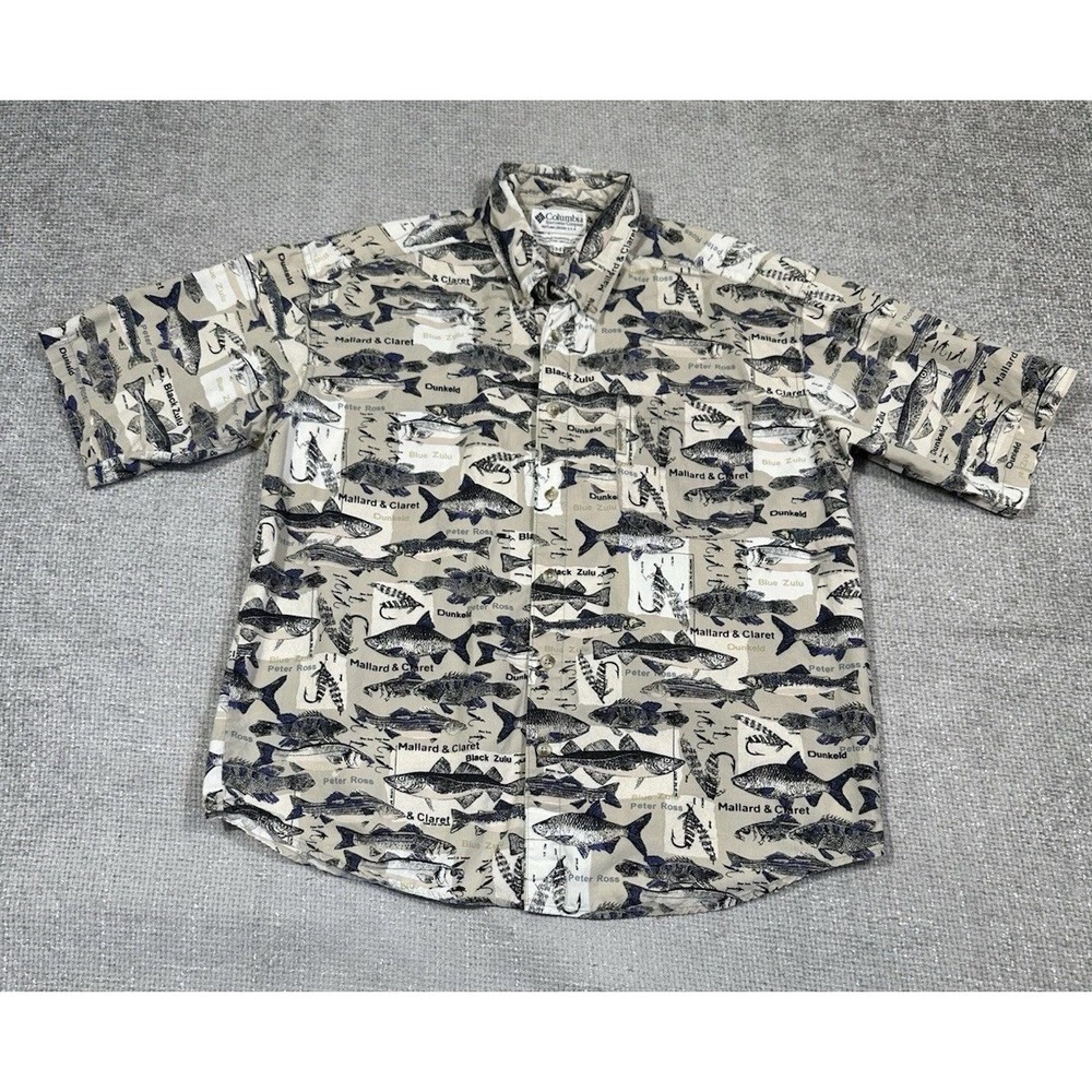 Vtg Columbia Shirt Mens M Beige Blue All Over Print Fish Trout Cotton Read